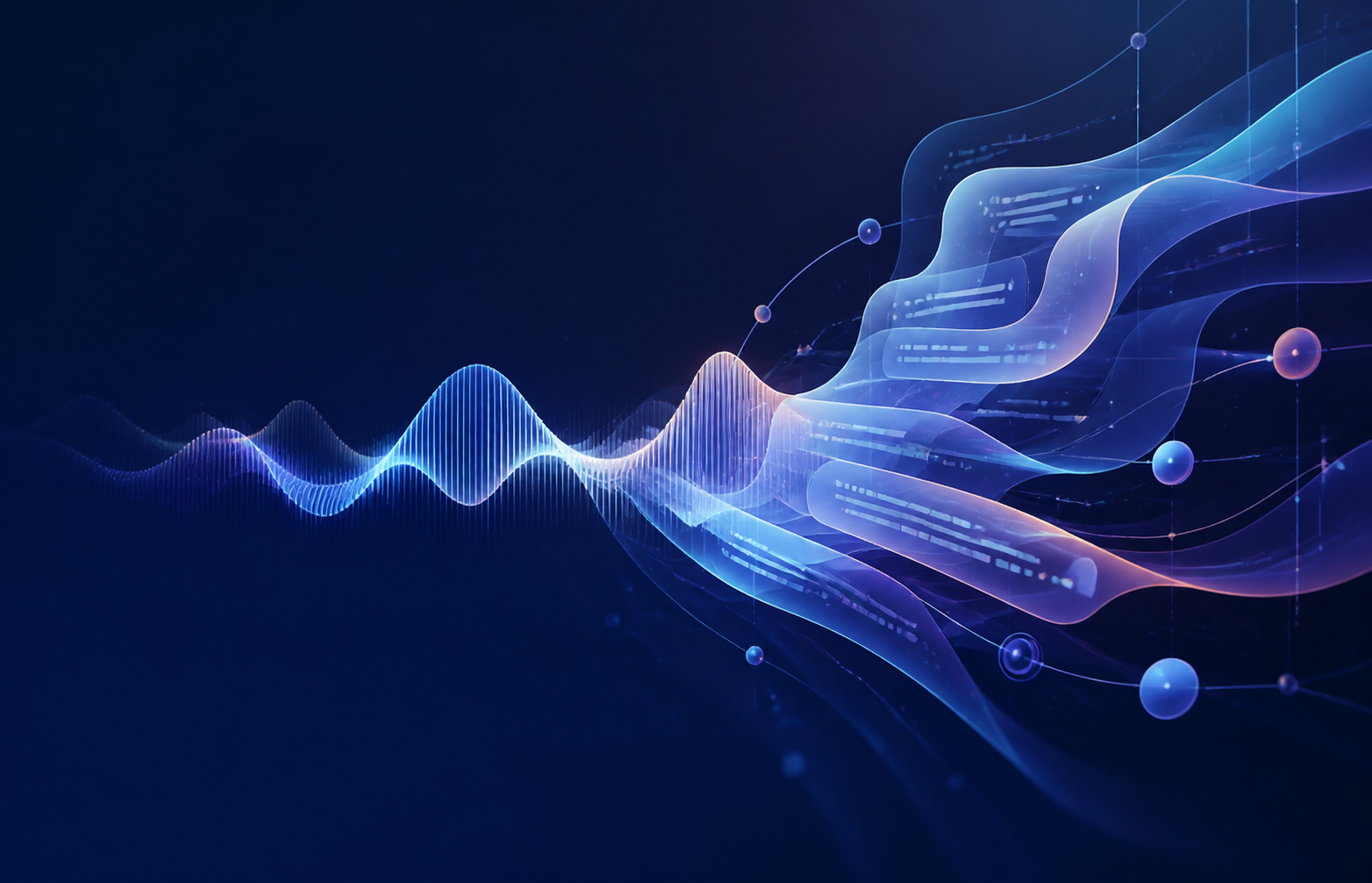 Abstract indigo voice waveform flowing into layered conversation ribbons